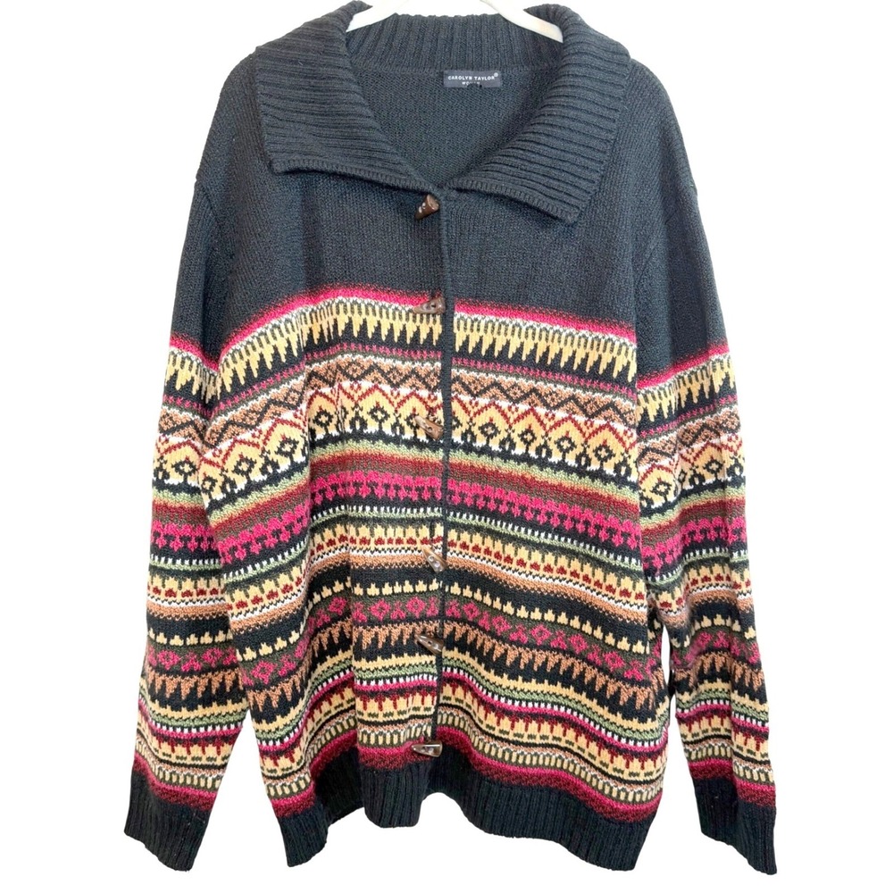 Fair Isle Cardigan horn button Plus Sz. 2X Carolyn Taylor Sweater Cabincore cozy